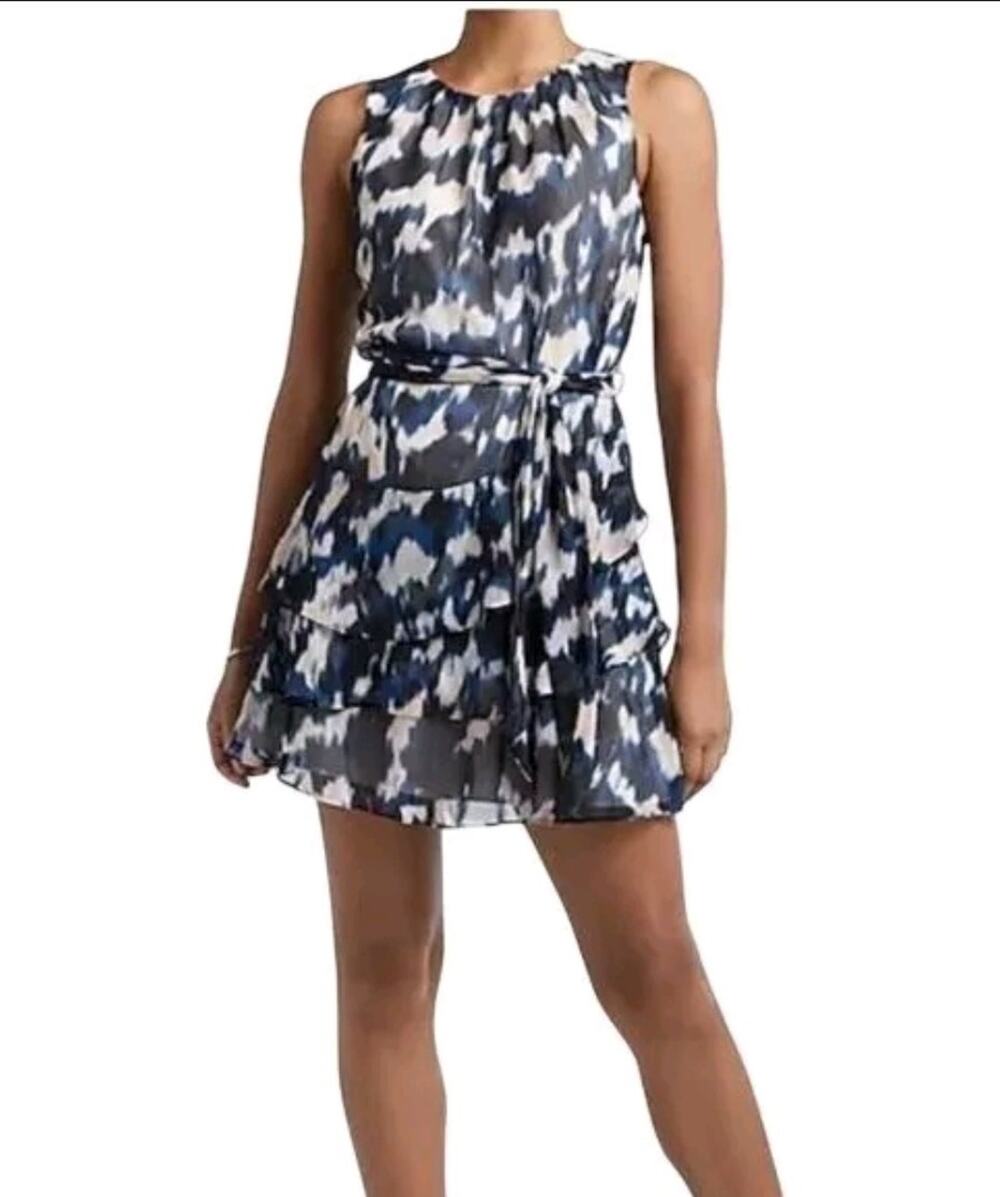 Express Womens S Ikat Blue Ruffled Tier Sheer Sleeveless Fit Flare Short Dress